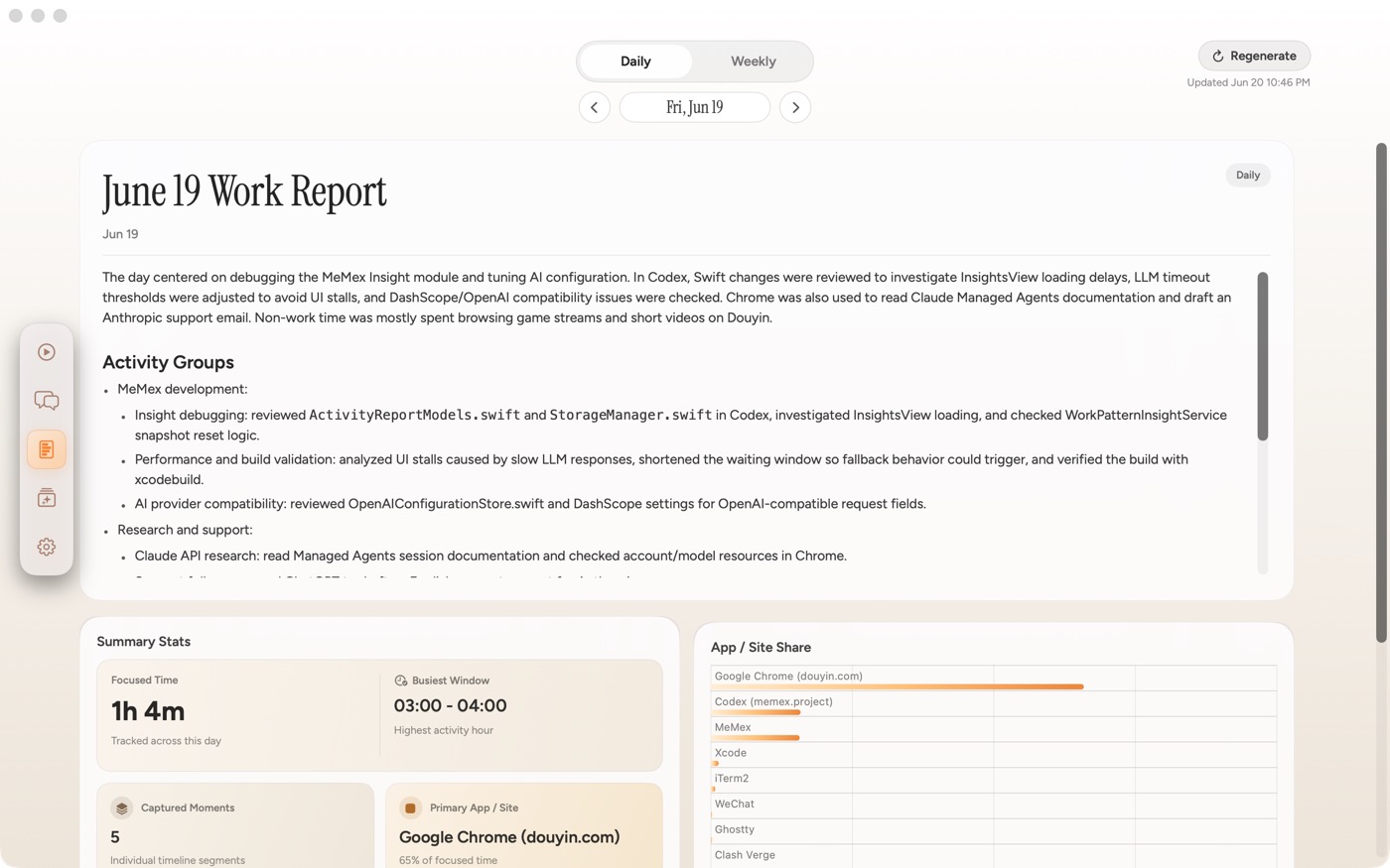 MeMex report screen showing a daily work report and activity stats.