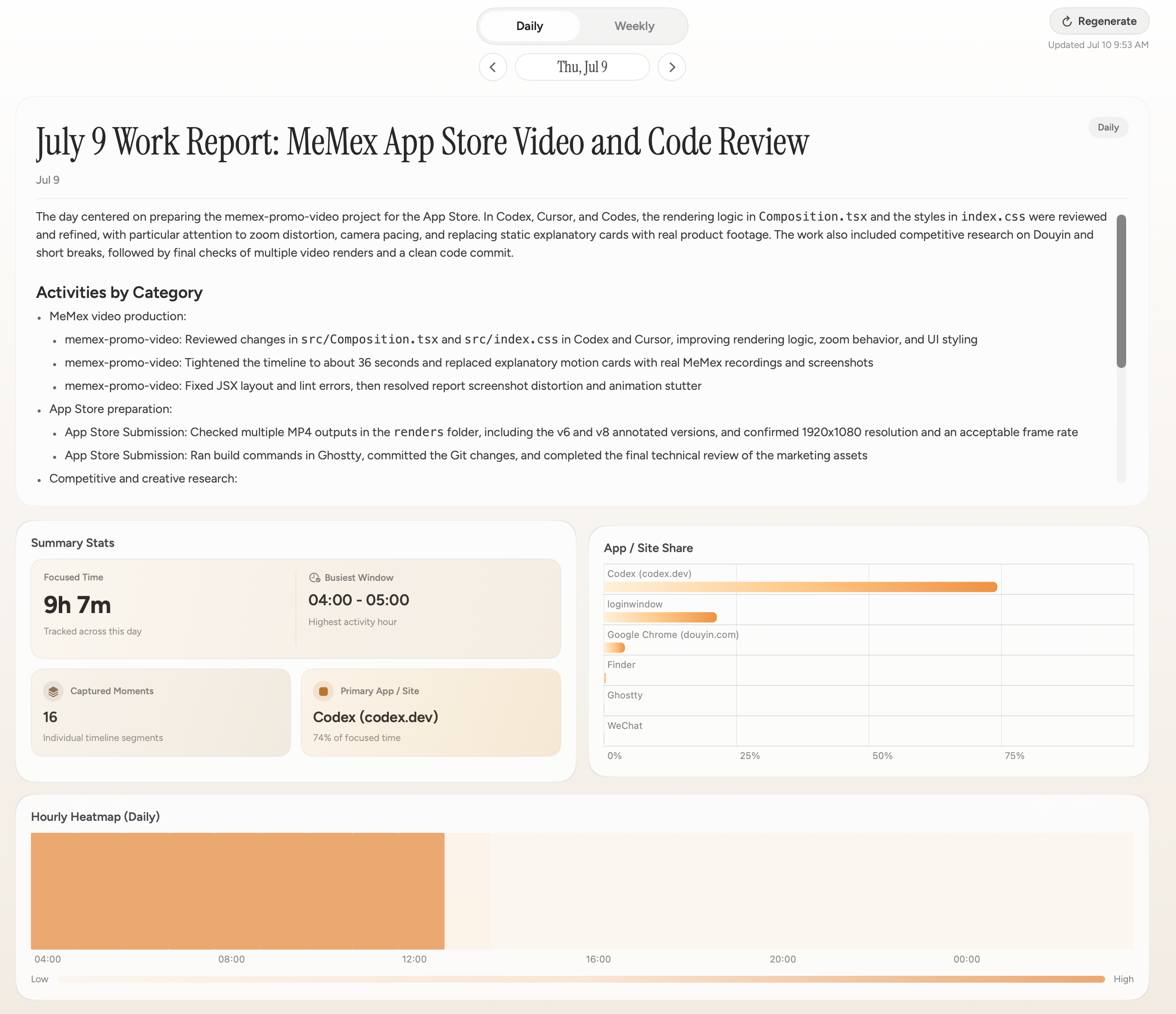 An English MeMex daily report generated for App Store video optimization and code review work on July 9