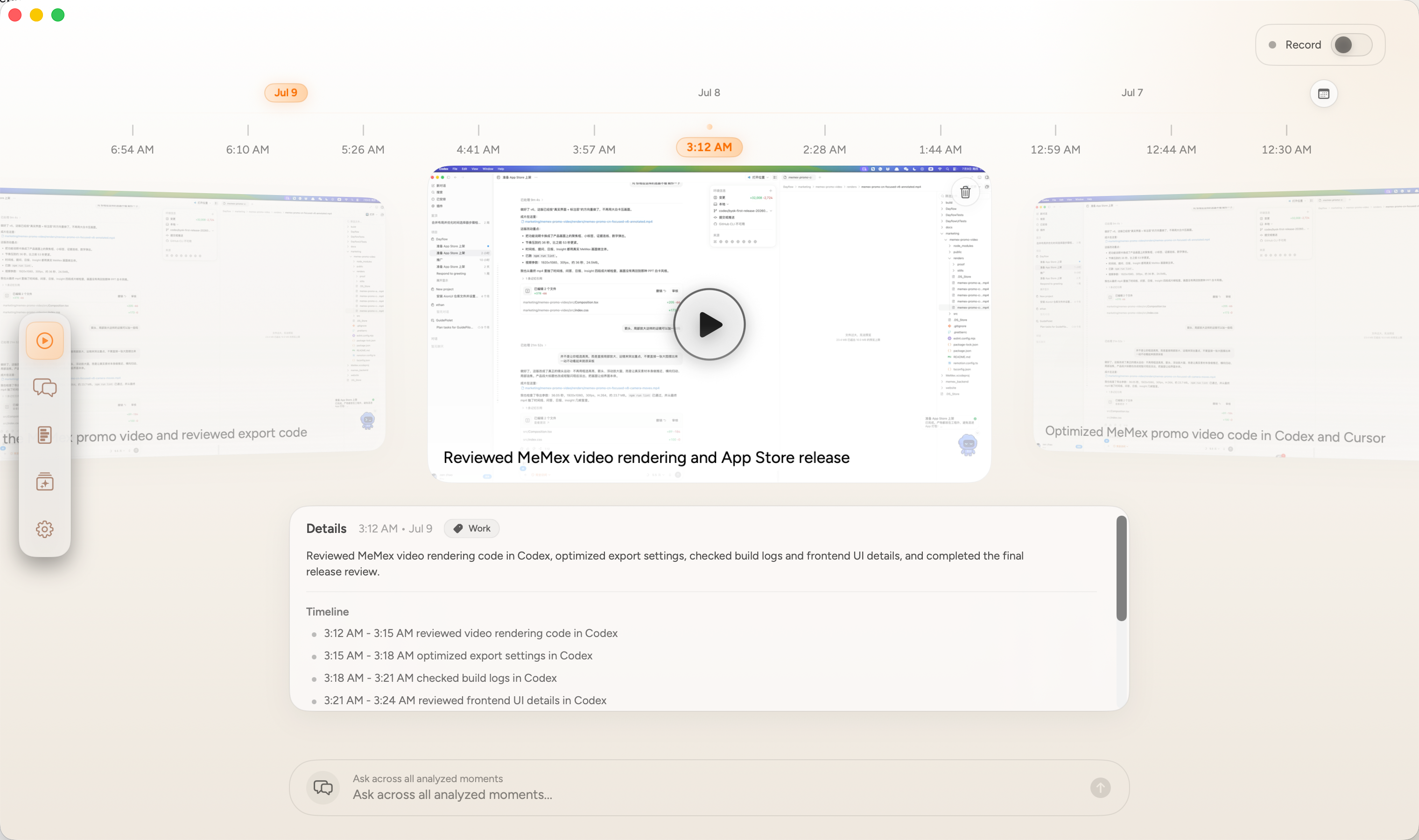 A real English MeMex timeline moment showing video rendering work and App Store review